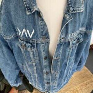 Oversized Denim Jean Jacket  Elevated Faith "God Is Greater" Women's 2XL